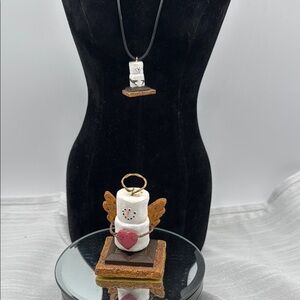 s’mores ornament and necklace Angel Snowman holding Heart & matching necklace